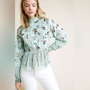 Hemant & Nandita Anthropologie Amour Floral Lace Blouse Mint, Size Medium (M)